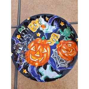 VINTAGE Halloween TRICK OR TREAT CANDY BOWL 90s HAUNTED GHOSTS BATS PUMPKINS